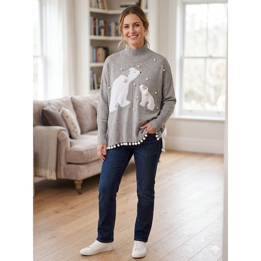BEREK Women's Size M Gray Polar Bear & Cub Embellished Cotton Blend Sweater